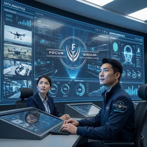 Focus Group Security personnel using a futuristic dashboard to monitor threats as part of their integrated security solutions service