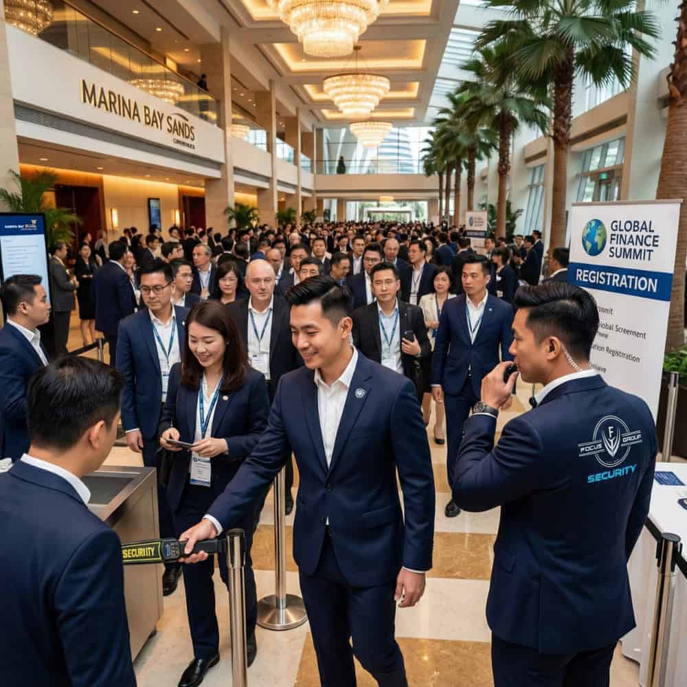 crowds queuing in line for a global finance summit, guards in suits are provided by event security companies