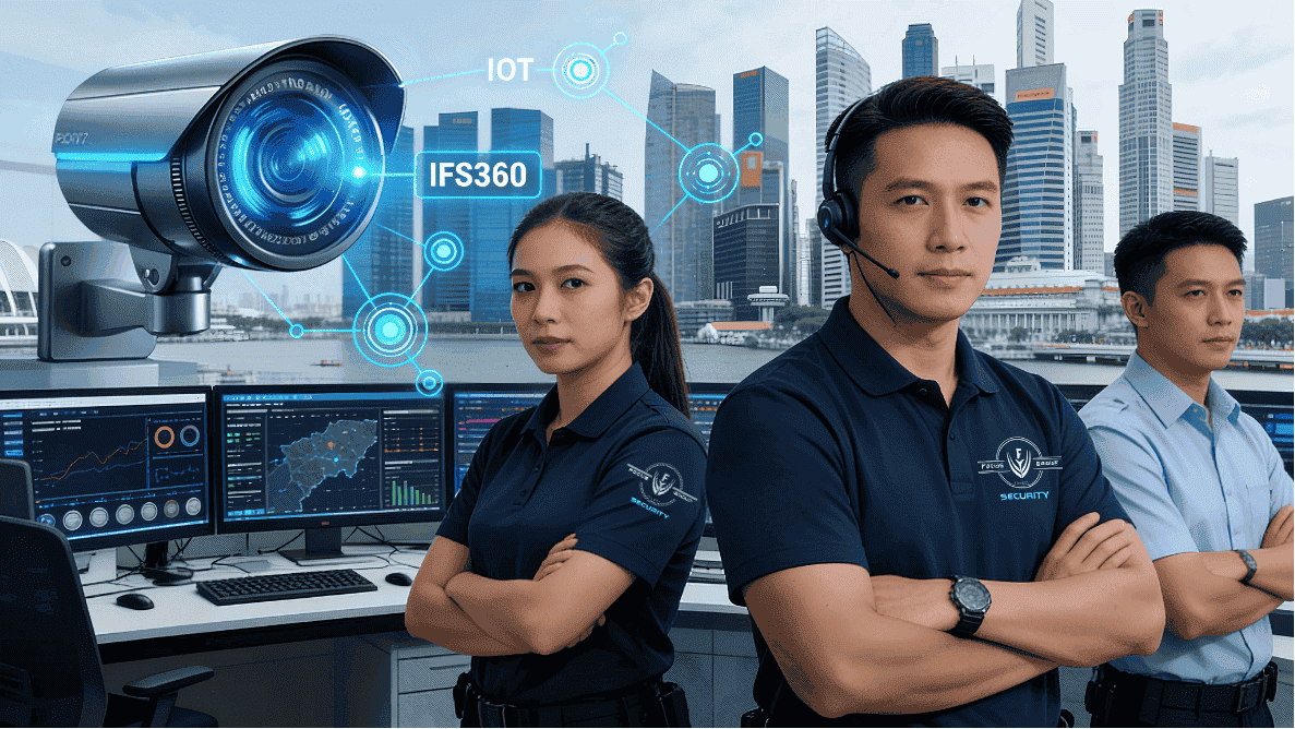 integrated security solutions banner featuring surveillance personnel and a surveillance camera and urban landscape in the background
