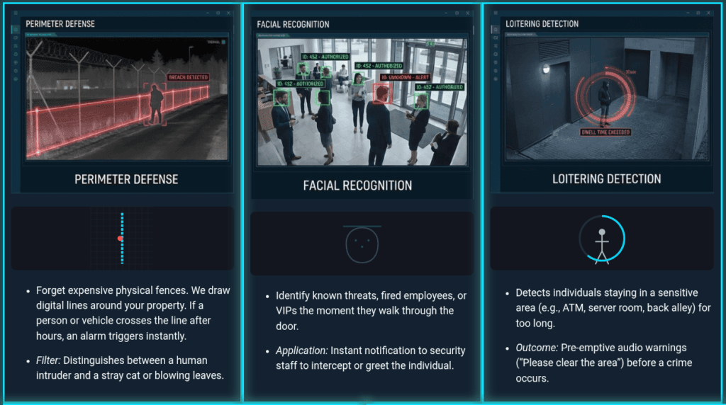 perimeter defense, facial recognition, and loitering detection are all benefits of an AI-powered cctv system - a feature of integrated security solutions